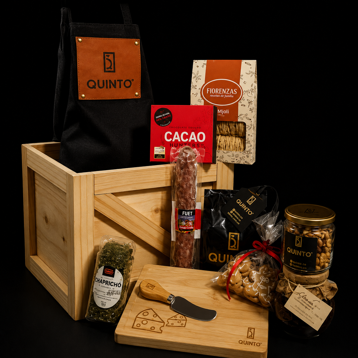 Ancheta Especial Personalizada Premium – Caja Tipo Guacal con Delantal y Productos Gourmet