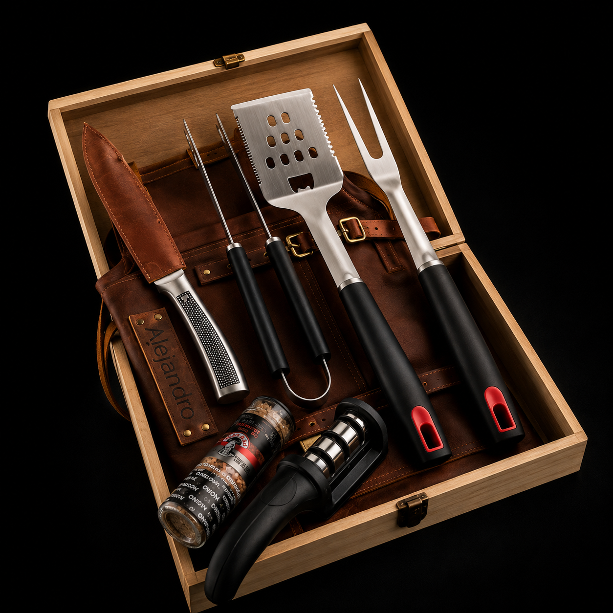 Kit Súper Especial Parrillero Personalizado – Caja Premium, Delantal 100% Cuero y Accesorios de Lujo