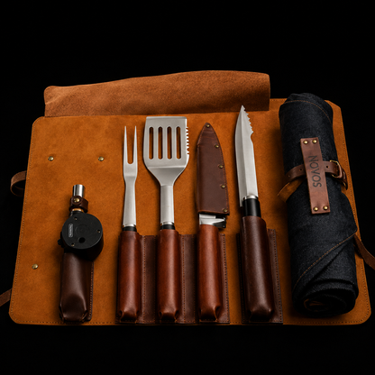 Kit Maestro Parrillero Personalizado – Estuche de Cuero Premium y Herramientas para Asado
