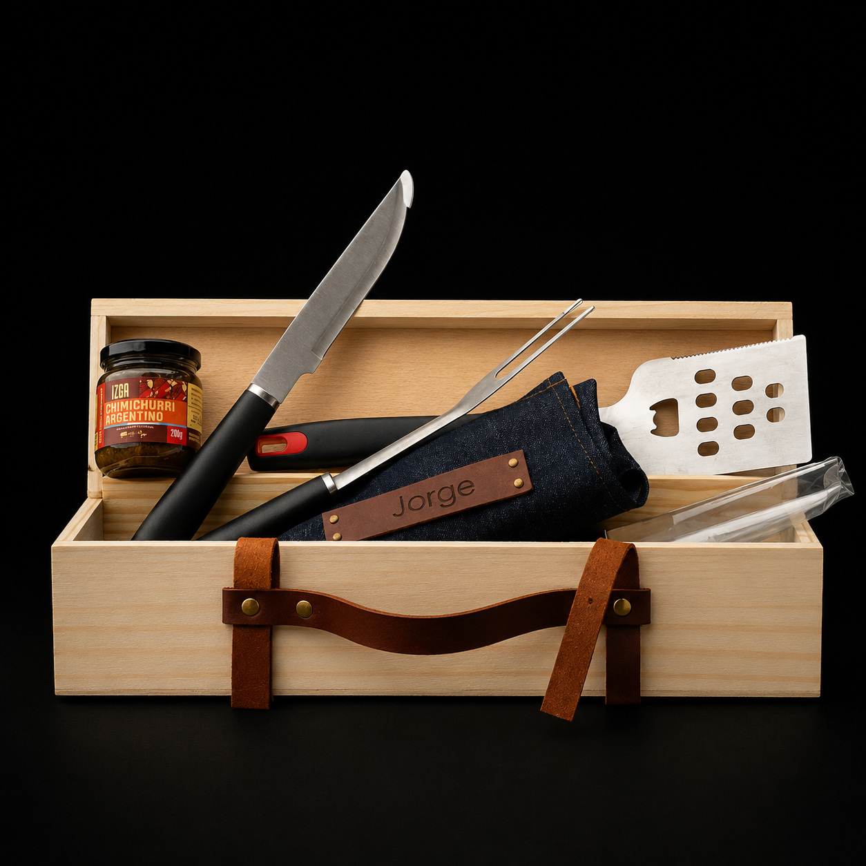 Kit Cotidiano Parrillero Personalizado con Caja de Pino y Delantal Premium